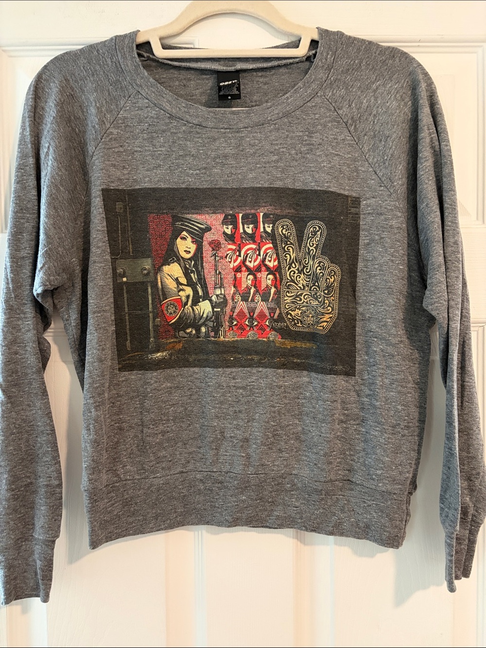 Obey Gray Graphic Crewneck Sweatshirt with Red and Cream Accents